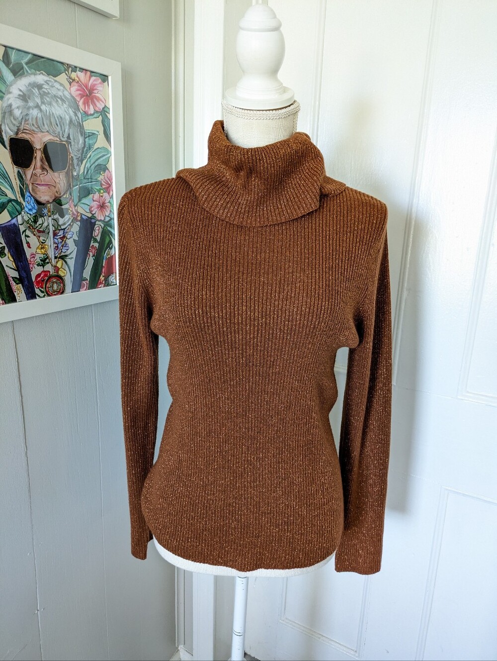 Brown Gold Shimmer Ribbed Turtleneck Sweater Fall Cozy Elevated Basic